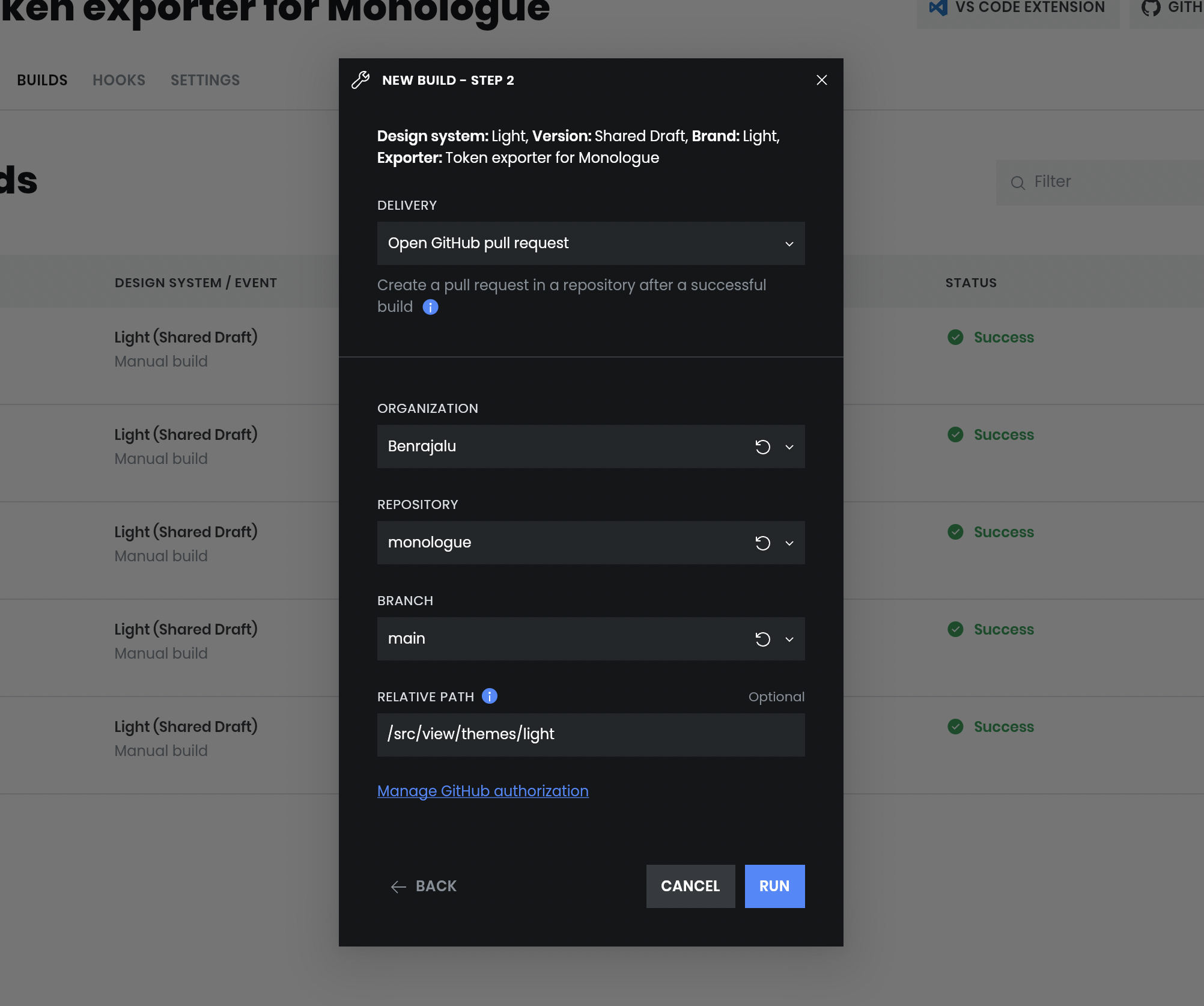 Screenshot: Supernova offers to open a pull request to output the result of an exporter run