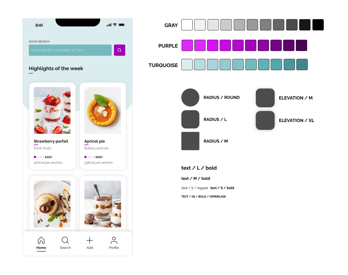 On the left is an iPhone app and on the right the various color, font, shadow and border-radius styles used to build it