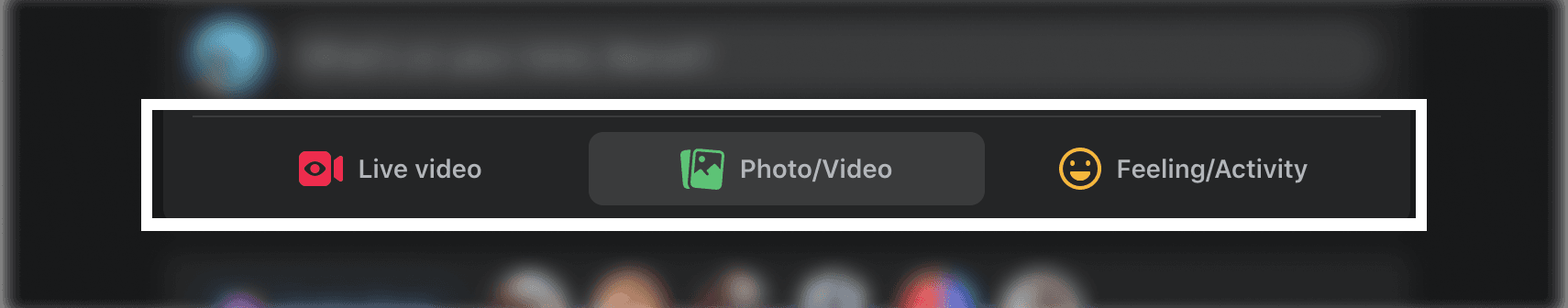 Facebook has three large buttons with colorful icons beneath its main compose zone
