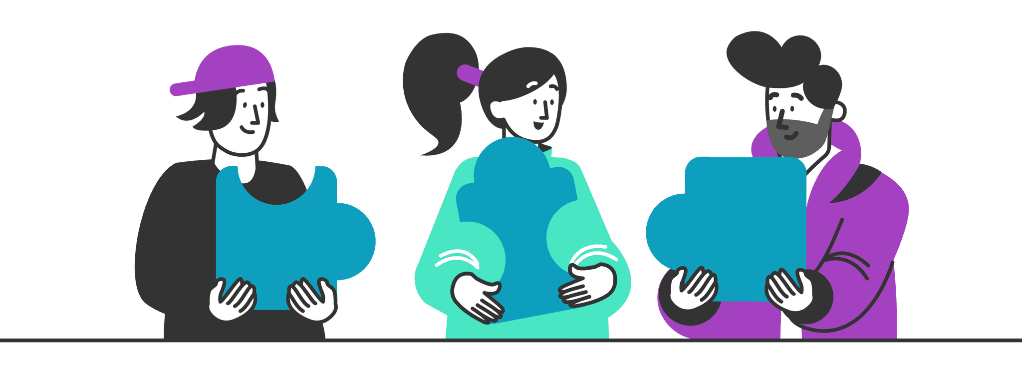 Three people holding jigsaw puzzle pieces that clearly match with one another