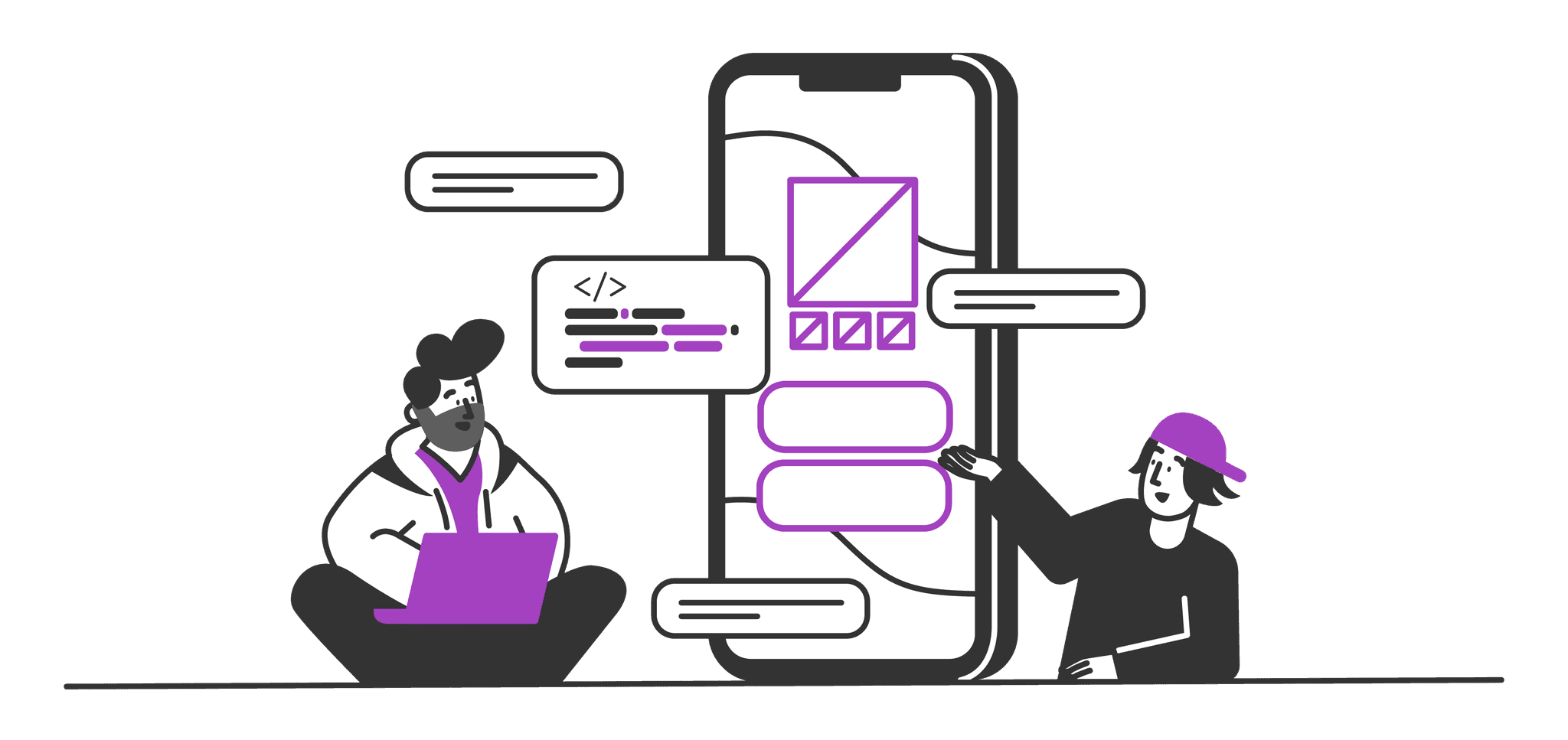 A designer and developer collaborating on what looks like a mobile app