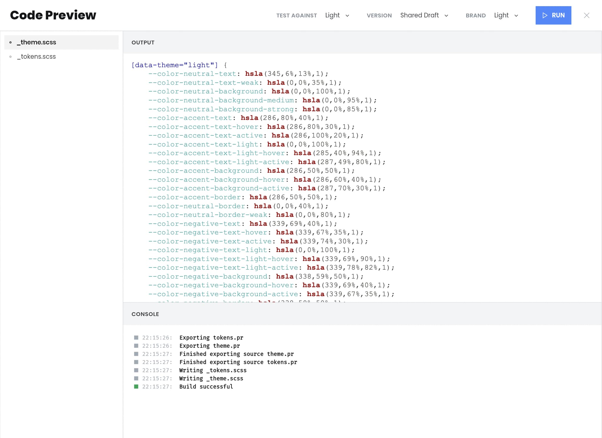 Screenshot: The preview of a Supernova exporter running on our tokens
